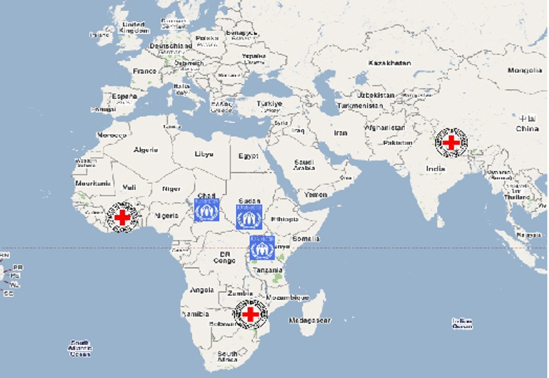 Carte des sites pilotes : Tchad, Soudan, Ouganda (HCR) et Côte d&#039;Ivoire, Zimbabwe, Népal  (CICR). Crédits : CNES.